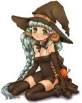  black_legwear braid goat_horns green_eyes hat horns kiro_(pixiv) livly_island long_hair looking_at_viewer personification sheep_horns silver_hair single_braid sitting solo thigh-highs thighhighs wariza witch_hat 