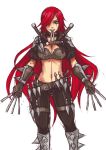  1girl belt bracelet breasts dagger gloves green_eyes jewelry katarina_du_couteau knife kuma_x league_of_legends long_hair midriff mouth_hold navel red_hair scar simple_background solo spiked_bracelet spikes throwing_knife very_long_hair weapon 