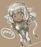  1girl animal_ears ash_(fire_emblem) bangs bare_shoulders black_horns blunt_bangs blush breasts brown_background brown_eyes chibi commentary cow_ears cow_girl cow_horns cow_tail dark-skinned_female dark_skin dress eyebrows_visible_through_hair fire_emblem fire_emblem_heroes horns large_breasts long_hair looking_at_viewer open_mouth pelvic_curtain simple_background sleeveless sleeveless_dress solo sorakaza speech_bubble tail twitter_username white_dress white_hair white_legwear 