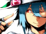  alternate_hair_length alternate_hairstyle bad_id blue_hair fingerless_gloves food fruit gloves hat hinanawi_tenshi leaf peach red_eyes rou_honoo short_hair smile solo touhou wink 