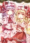  ascot bat_wings blonde_hair blue_hair bow brooch dress flandre_scarlet flapping flower hat hat_bow hat_flower holding_hands interlocked_fingers jaku_sono jewelry looking_at_viewer open_mouth pink_dress pink_eyes puffy_sleeves red_dress red_rose remilia_scarlet rose sash short_sleeves siblings side_ponytail sisters smile touhou wings wrist_cuffs 