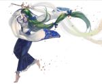 arms_up barefoot detached_sleeves frog_hair_ornament gohei green_eyes green_hair hair_ornament highres kishiyo kochiya_sanae leaf long_hair long_skirt simple_background skirt solo touhou very_long_hair white_background wind