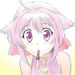  ahoge animal_ears bare_shoulders blurry blush depth_of_field dog_days incoming_kiss looking_at_viewer millhiore_f_biscotti pink_eyes pink_hair pocky pocky_kiss shared_food solo tareme ueyama_michirou wide-eyed 