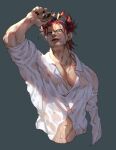  1boy amputee covered_nipples cropped_torso eustass_captain_kid goggles goggles_on_head highres looking_at_viewer male_cleavage male_focus midriff_peek muscular muscular_male one_piece partially_unbuttoned pectorals redhead scar scar_across_eye scar_on_chest scar_on_neck shirt short_hair sideburns sleeves_rolled_up solo sosogi_(qtgejyrkhrng4jk) spiky_hair wet wet_clothes wet_shirt white_shirt 