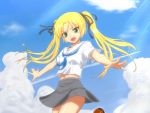  bad_id blonde_hair cloud clouds condensation_trail from_below green_eyes hair_ribbon long_hair navel open_mouth original outstretched_arms ribbon school_uniform serafuku shino_(pixia) shoes skirt sky solo teeth twintails 