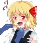  1girl ahoge blonde_hair blush brushing_teeth disembodied_limb gagd hair_ribbon magic_hand open_mouth red_eyes ribbon rumia short_hair simple_background solo touhou white_background yabu_q 