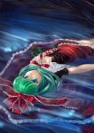  afloat arm_ribbon baiken_(artist) breasts cleavage floating front_ponytail green_eyes green_hair hair_ribbon hand_on_own_chest highres kagiyama_hina leaf long_skirt looking_at_viewer on_back ribbon skirt smile solo touhou upside-down water 