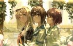  3girls blonde_hair brown_eyes brown_hair bust closed_eyes flower fubuki_(kantai_collection) grey_eyes hair_ribbon highres kantai_collection long_hair looking_at_viewer low_twintails multiple_girls mutsuki_(kantai_collection) neckerchief ribbon school_uniform serafuku smile twintails yuudachi_(kantai_collection) zicai_tang 