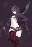  bikini_top black_gold_saw black_hair black_legwear black_rock_shooter boots breasts claws cleavage glowing highres horns long_hair midriff navel pale_skin red_eyes shorts solo sword thigh-highs thighhighs weapon 