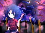  bad_id blue_eyes blue_hair cherry_blossoms chinese_clothes cloud clouds miyako_yoshika moon no_hat no_headwear ofuda smile solo touhou tree tubamelove 