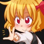  :&gt; black_background blonde_hair close-up face kuroshiroduet lowres red_eyes rumia short_hair solo touhou v 