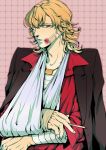  bandage bandages blonde_hair bruise cigarette formal injury jewelry k-996 male necklace ourobunny red_eyes sling sling_(medical) solo suit tiger_&amp;_bunny 