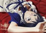  apron blue_eyes blue_hair breasts couch glasses lia-sama maid maid_headdress on_back original solo 
