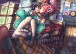  2girls bed black_hair blush book clock elbow_gloves feet flower gloves hair_flower hair_ornament highres love_live!_school_idol_project multiple_girls nishikino_maki oishii_garriel open_mouth panties photo pillow red_eyes redhead short_hair skirt striped striped_legwear striped_panties thigh-highs tiara underwear wastebasket yazawa_nico 