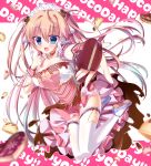  1girl :d blue_eyes breasts brown_hair chocolate chocolate_heart cleavage dress fang heart maid_headdress open_mouth outstretched_hand smile tagme thigh-highs two_side_up white_legwear 