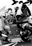  2boys bird crows emiya_kiritsugu fate/zero fate_(series) greyscale gun kotomine_kirei male mecha military military_vehicle monochrome multiple_boys tank vehicle weapon 