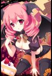 :o alternate_costume alternate_hairstyle argyle argyle_background bat_wings black_legwear breasts cake cleavage drill_hair food fork fruit halloween head_wings highres holding inu_x_boku_ss large_breasts looking_at_viewer midriff navel open_mouth pillarboxed pink_hair raiou red_eyes roromiya_karuta slice_of_cake solo strawberry thigh-highs thighhighs twin_drills wings 