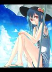  beach_umbrella bespectacled bikini blue_hair casual food fruit glasses hat highres hinanawi_tenshi ibuki_notsu letterboxed long_hair looking_at_viewer notsugimi peach polka_dot polka_dot_bikini polka_dot_swimsuit red_eyes sandals sitting solo swimsuit swimsuit_under_clothes touhou umbrella 