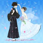  1girl black_hair bouquet dress feathers flower fuura_kafuka hakama hitopii itoshiki_nozomu japanese_clothes open_mouth petals sandals sayonara_zetsubou_sensei short_hair smile tears veil wedding_dress 