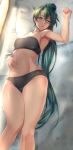  1girl bandeau bed blush fire_emblem fire_emblem:_rekka_no_ken green_eyes green_hair long_hair lying lyndis_(fire_emblem) navel on_back panties parted_lips pillow ponytail shinon_(tokage_shuryou) solo underwear very_long_hair 