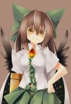  arm_cannon black_hair blush bow breasts brown_hair control_arm hair_bow hand_on_hip hips long_hair page reiuji_utsuho skirt smile solo third_eye touhou weapon wings 