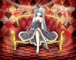  aqua_eyes aqua_hair argyle argyle_background bare_shoulders checkered checkered_floor collarbone couch crossed_legs cup dress elbow_gloves gloves hat hatsune_miku head_tilt high_heels legs_crossed long_hair mil2 mini_top_hat shoes single_elbow_glove single_glove single_thighhigh sitting solo teacup thigh-highs thighhighs top_hat twintails vertical-striped_legwear vertical_stripes very_long_hair vocaloid 