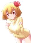  banderasu blonde_hair blush bottomless breast_squeeze breasts hair_ribbon highres looking_at_viewer naked_sweater no_pants red_eyes ribbed_sweater ribbon rumia short_hair simple_background solo sweater touhou 