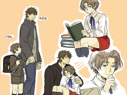  bag blue_eyes book bookbag brown_eyes brown_hair casual child fate/zero fate_(series) kotomine_kirei male multiple_boys nano_(veek) reading ribbon shorts sleeping time_paradox tohsaka_tokiomi toosaka_tokiomi translation_request young 