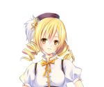  bad_id beret blonde_hair drill_hair gyaza hat magical_girl mahou_shoujo_madoka_magica simple_background solo tomoe_mami twin_drills white_background yellow_eyes 