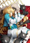  1girl animal_ears bed blonde_hair cat_ears dress green_eyes kizuka_kanata long_hair original pillow solo stuffed_animal stuffed_toy 