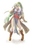  armor boots dress ena-og fingerless_gloves fire_emblem fire_emblem:_kakusei fire_emblem:_rekka_no_ken fur_collar fur_trim gloves green_eyes green_hair hair_ribbon high_ponytail long_hair lyndis_(fire_emblem) overcoat ponytail ribbon side_slit smile solo very_long_hair wink 