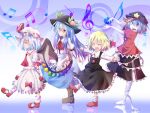  arms_behind_back ascot bandage bandages barefoot bat_wings blonde_hair blouse blue_background blue_eyes blue_hair bobby_socks boots bow closed_eyes dress_shirt eyes_closed fang food fork fruit hair_ribbon hat hat_ribbon hinanawi_tenshi hiro_(pqtks113) lavender_hair leaf long_hair long_sleeves looking_at_viewer miyako_yoshika multiple_girls musical_note ofuda open_mouth outstretched_arms payot peach profile purple_hair red_eyes reflection remilia_scarlet ribbon rumia sharp_teeth shirt short_hair short_sleeves skirt smile socks spoon spread_arms star touhou treble_clef vest walking wings zombie_pose 