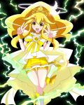  bike_shorts black_background blonde_hair boots bow choker crown cure_peace double_v dress electricity halo highres kise_yayoi kotuzui_yositune long_hair magical_girl precure princess_form_(smile_precure!) ribbon shorts_under_skirt skirt smile smile_precure! solo standing_on_one_leg v yellow yellow_dress yellow_eyes 