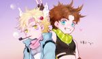  2boys blonde_hair blue_eyes blue_jacket brown_hair bubble_blowing caesar_anthonio_zeppeli chibi facial_mark fingerless_gloves gloves green_eyes head_wings jacket jojo_no_kimyou_na_bouken joseph_joestar_(young) medemoisellecu multiple_boys pipe scarf v 