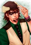  adjusting_hat bracelet brown_eyes brown_hair cabbie_hat domino_mask facial_hair hat jewelry k-996 kaburagi_t_kotetsu male mask ring solo stubble tiger_&amp;_bunny vest waistcoat watch wedding_band wristwatch 