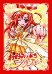  blush bow choker clenched_hand clenched_hands cure_sunny double_bun dress hino_akane hiwatari_hajime long_hair magical_girl orange_(color) orange_dress orange_eyes orange_hair precure princess_form_(smile_precure!) ribbon skirt smile smile_precure! solo wink 