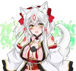  amaterasu animal_ears bodypaint bow braid breasts center_opening cleavage detached_sleeves grey_hair hair_bow hair_tubes jewelry long_hair necklace ookami_(game) open_mouth payot personification shinzui_(fantasysky7) solo tail twin_braids wolf_ears wolf_tail yellow_eyes 