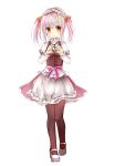  absurdres alternate_costume bad_id cross cross_necklace gyaza heart heart_hands highres jewelry kaname_madoka mahou_shoujo_madoka_magica maid_headdress necklace pantyhose pink_hair short_twintails solo twintails vertical_stripes yellow_eyes 