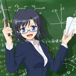  bad_id black_hair blue_eyes book chalkboard copyright_request female glasses glint open_mouth pointer shino_(pixia) short_hair solo teacher 