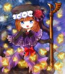  bad_id blue_eyes bow butterfly capelet dress elbow_gloves eva_beatrice flower gloves hat laughing open_mouth orange_hair ribbon rose solo spider_web staff tubamelove umineko_no_naku_koro_ni 