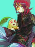  aqua_background chikorita looking_at_viewer male pokemon pokemon_(game) pokemon_hgss red_eyes red_hair redhead silver_(pokemon) sitting tegaki tetsuko_(pixiv) 