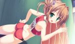  bloomers blush brown_hair buruma double_bun from_behind game_cg green_eyes hair_intakes highres looking_back midriff moonstone princess_evangile saeki_nao sagisawa_chiho short_hair sports_bikini sports_bra twintails waving 