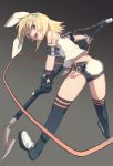  animal_ears blonde_hair blue_eyes bunny_ears bunny_tail hair_ornament hairclip kagamine_rin kemonomimi_mode looking_at_viewer looking_back matsuki_ringo microphone_stand rabbit_ears short_hair smile solo tail thigh-highs thighhighs vocaloid 