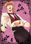  alternate_hairstyle barnaby_brooks_jr blonde_hair curly_hair fork glasses jewelry k-996 male necktie ponytail ring solo spaghetti tiger_&amp;_bunny vest waistcoat waiter yellow_eyes 