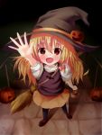  blonde_hair blush bow broom candy fang hair_bow halloween hat jack-o&#039;-lantern jack-o'-lantern kirisame_marisa long_hair nicoby outstretched_arms short_sleeves solo touhou witch_hat yellow_eyes 