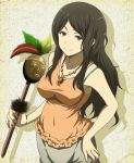  banboro_(technobot) bare_shoulders brown_hair casual green_eyes hand_on_hip hips hyouka jewelry long_hair necklace official_style oreki_tomoe smile solo 