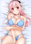  barefoot bed bed_sheet bikini blush breasts cleavage headphones highres large_breasts long_hair lying midriff navel nitroplus pink_hair red_eyes shinjitsu207 shinjitsu_(true_ride) side-tie_bikini solo super_sonico swimsuit v 