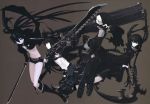  absurdres black_gold_saw black_rock_shooter black_rock_shooter_(character) blue_eyes blue_hair boots dead_master glowing glowing_eyes highres horns huke long_hair midriff multiple_girls navel scar shorts strength_(black_rock_shooter) strength_(character) sword twintails weapon white_hair 