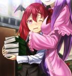  between_breasts blush book breast_press breast_smother head_wings height_difference holding holding_book hug hug_from_behind koakuma kyon_(fuuran) long_hair multiple_girls open_mouth patchouli_knowledge pink_eyes purple_hair red_hair redhead saliva touhou wince you_gonna_get_raped yukimi_dango 
