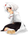  animal_ears bare_shoulders blush breasts detached_sleeves hat highres inubashiri_momiji large_breasts looking_at_viewer looking_back red_eyes shirt short_hair silver_hair sitting skirt solo sorato_jun sweat tail tokin_hat touhou turning wolf_ears wolf_tail 